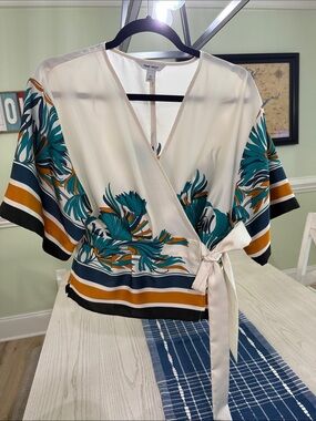 Nine West Cream Wrap Blouse with Teal and Mustard Floral Print